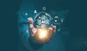 A hand holding an imaginary glob of AI and digital data