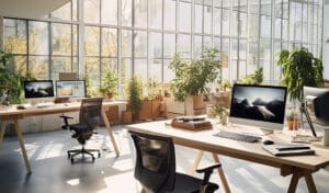 An image of a modern office with computers and a lot of natural sunlight