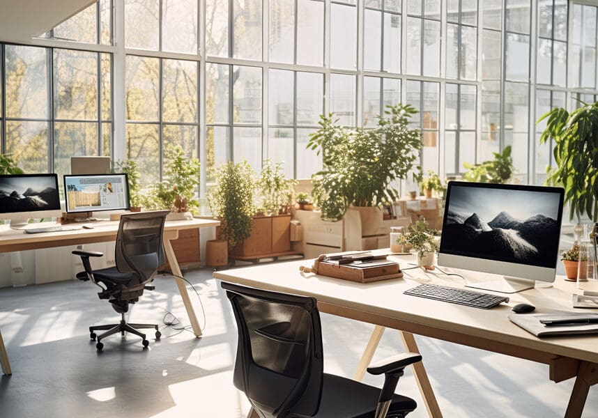 An image of a modern office with computers and a lot of natural sunlight